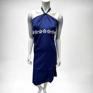 Ann Taylor LOFT Blue Halter Dress, White Beaded Belt Accent, Size 12